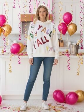 NEW blue b Multicolor Pink Sequin Y’all White Oversize Cowgirl Hoodie Sweatshirt